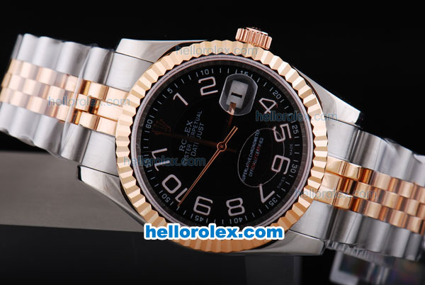 Rolex Datejust Oyster Perpetual Automatic Rose Gold Bezel with Black Dial and White Number Marking-Small Calendar - Click Image to Close